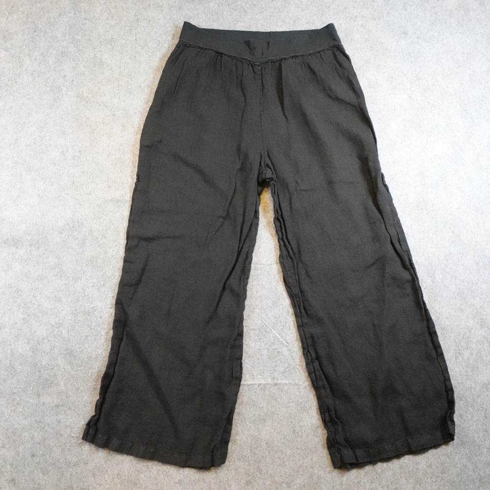 FLAX Pant Women Small Black Linen Wide Leg Cropped Elastic Waist Lagenlook Boho